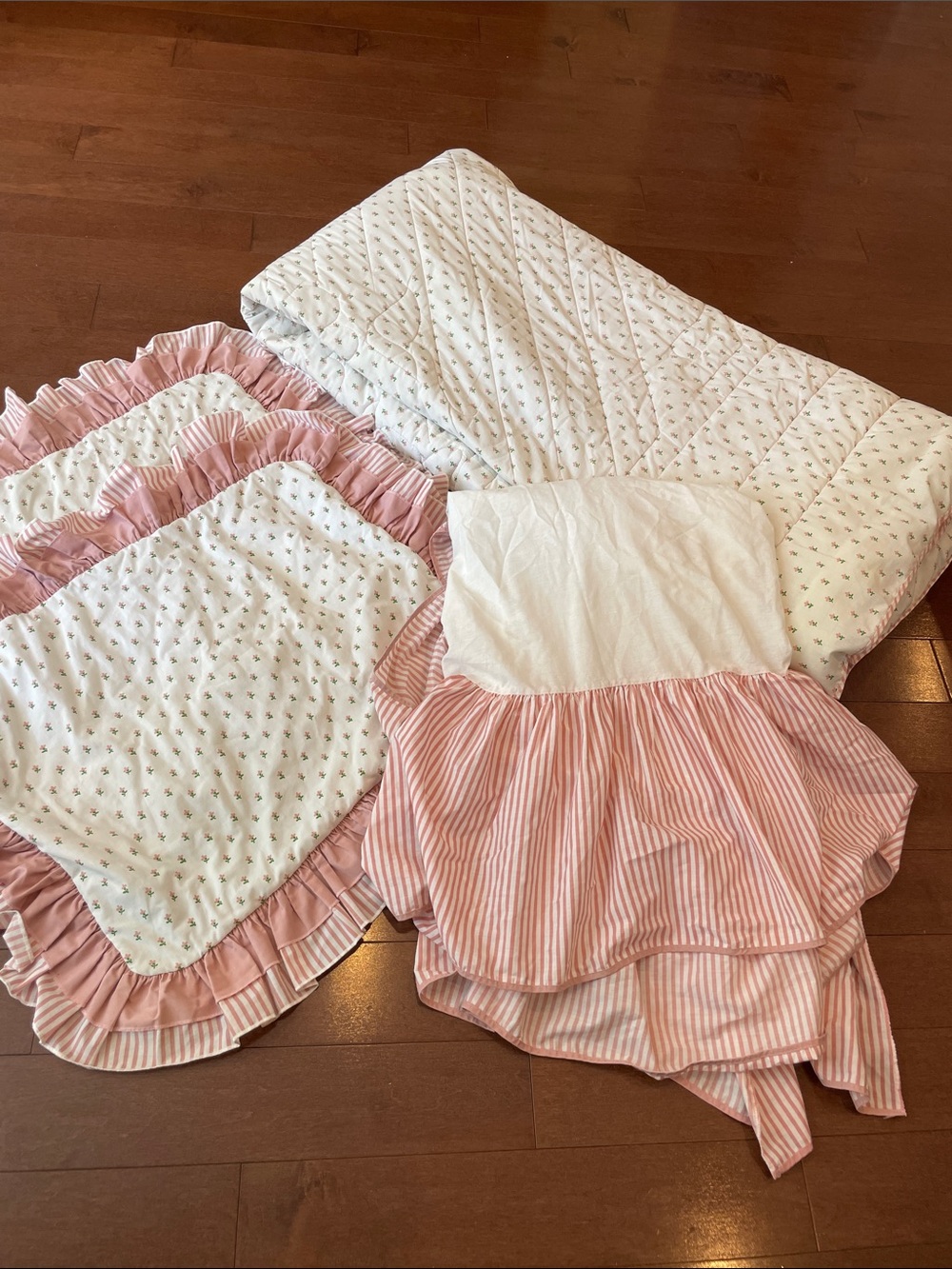 Laura Ashley Double Bed Comforter, Pink Ruffle Bed Skirt and Quilted Shams Set